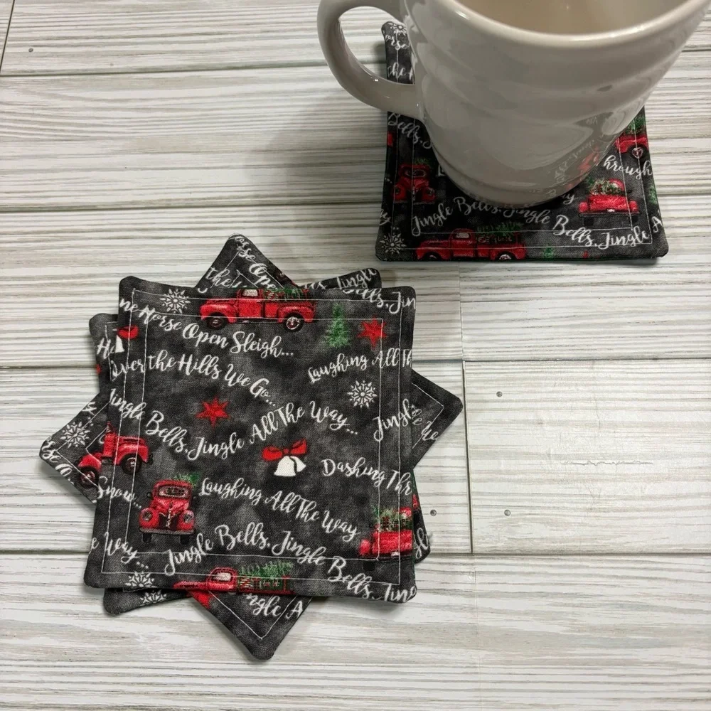 Handmade Christmas Jingle Bells Red Truck Washable Fabric Coaster Set